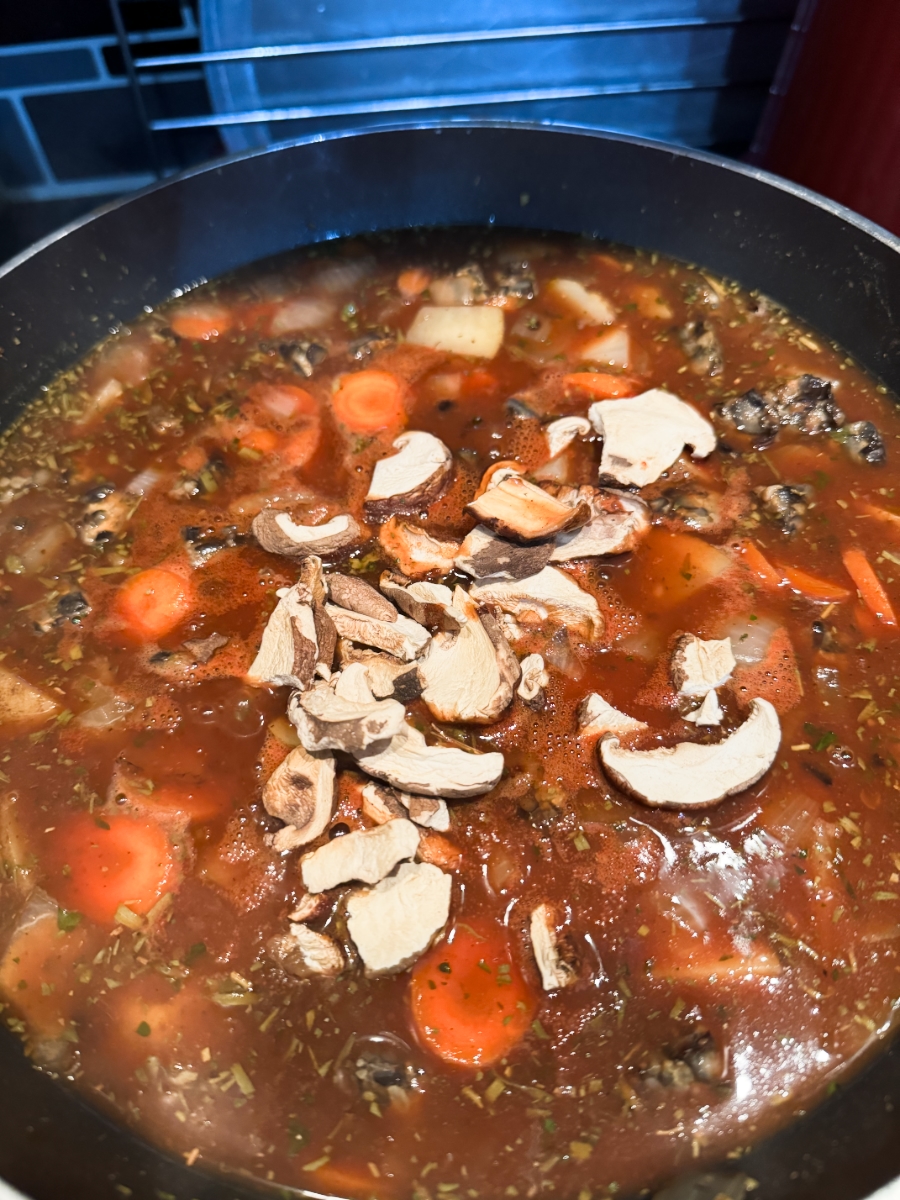 add dried mushrooms to stew.