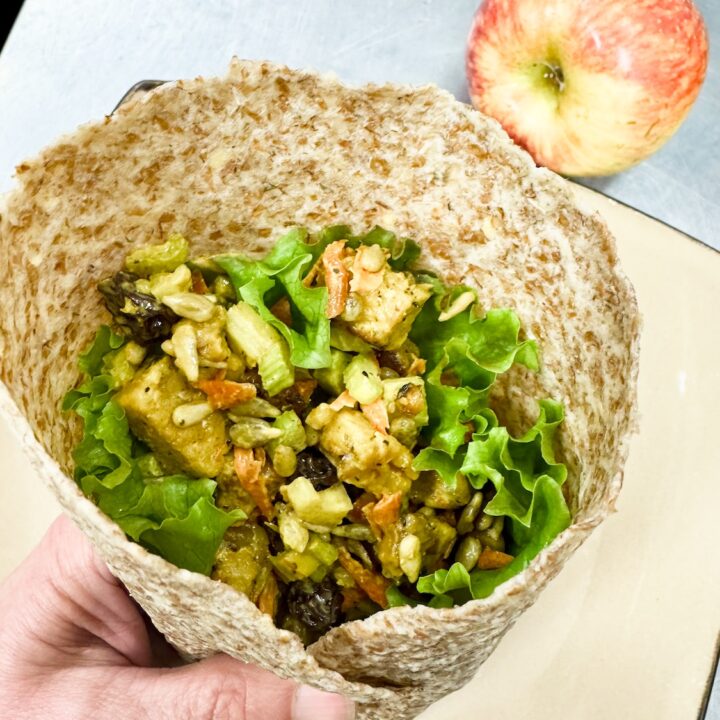 curried tempeh salad on a wrap.